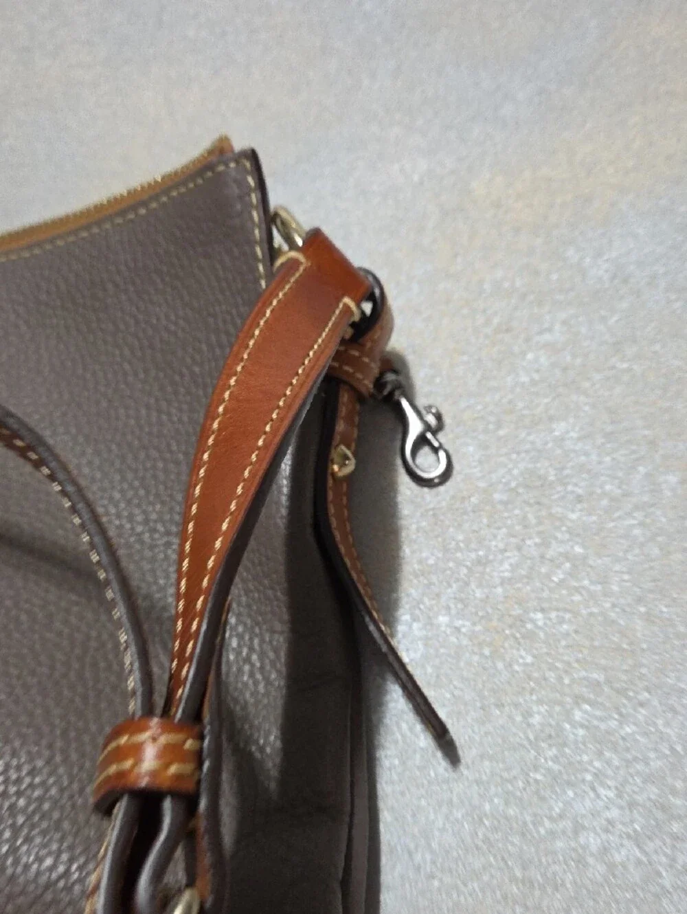Dooney & Bourke Gray Pebbled Leather Crossbody with Brown Trim